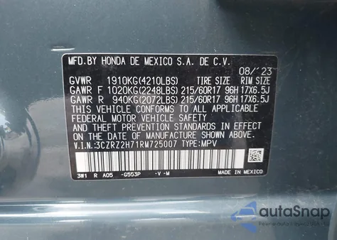 2024 Honda Hr-V Awd Ex-L/Awd Ex-L W/O Bsi из США, поврежденный, VIN 3CZRZ2H71RM725007